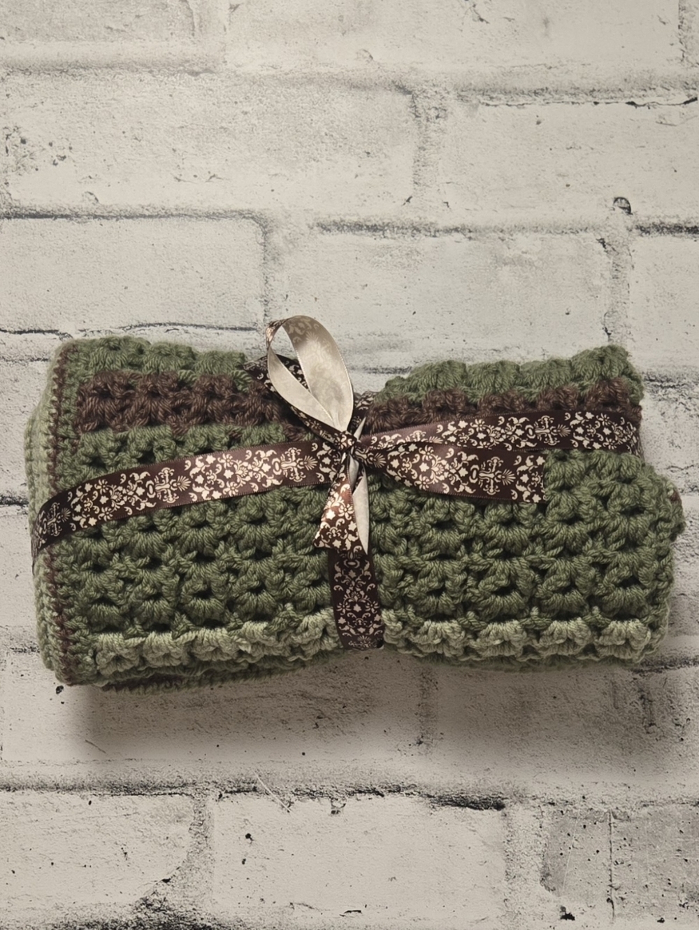 Vintage Crochet Lap Blanket 26x35 Green Brown Afghan